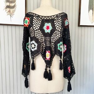 Omo Black Open Knit Crochet with Flowers Bell Sleeves Sweater with Tassles OS